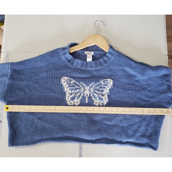Rue21 Juniors Blue Cropped Knit Sweater White Butterfly Long Sleeves Size M‎ - Picture 3 of 5